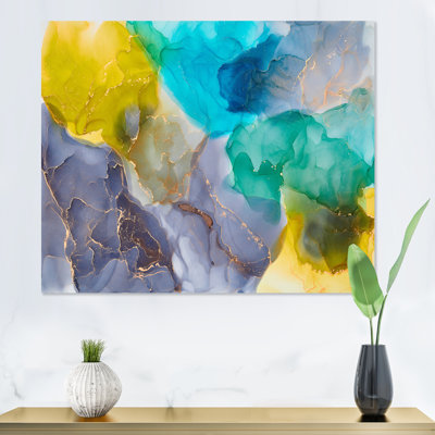 Turquoise et jaune luxe abstrait fluide - peinture sur toile