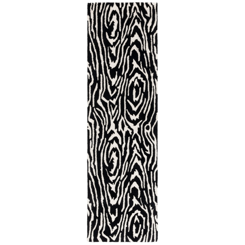 Tapis ivoire / noir en laine / coton touffeté à la main Jamell, Tapis de couloir 2 pi 3 po x 8 pi