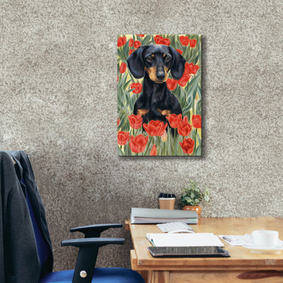 «Dachsund In Tulips» par Barbara Keith, art mural sur toile