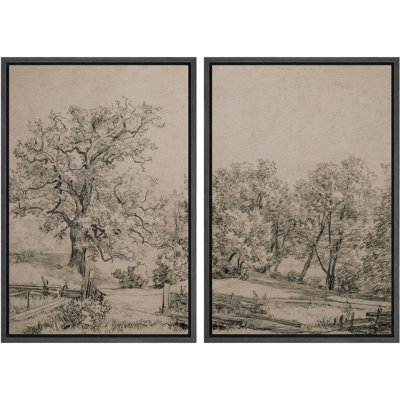 Rural Landscape " Ancient Tree And Country Road Sketch Classic Landscape Pencil Nature Wilderness Illustration Decor " 2 - Pieces
