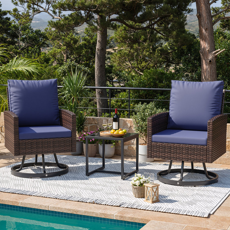 Ensemble de conversation en osier pivotant pour 2 personnes avec table d'appoint, Navy, Brown
