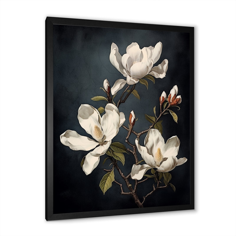 «White Blooimg Magnolias Trees II», reproduction sur toile, Cadre simple noir, H 32 po x l 16 po x P 1 po