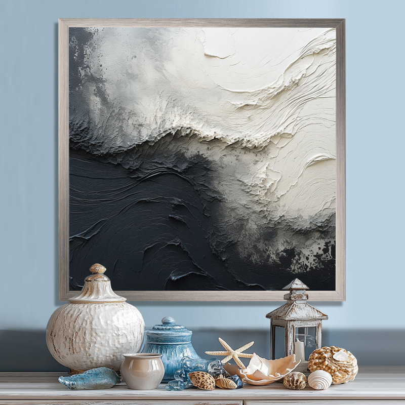 Minimalisme, peinture noire et blanche, vague I - art mural encadré bord de mer, H 16 po x l 16 po x P 1 po