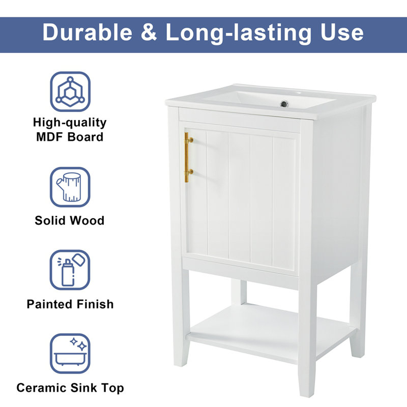 Meuble-lavabo de salle de bain avec lavabo, armoire de salle de bain avec porte à fermeture douce, support de rangement et tablette ouverte
