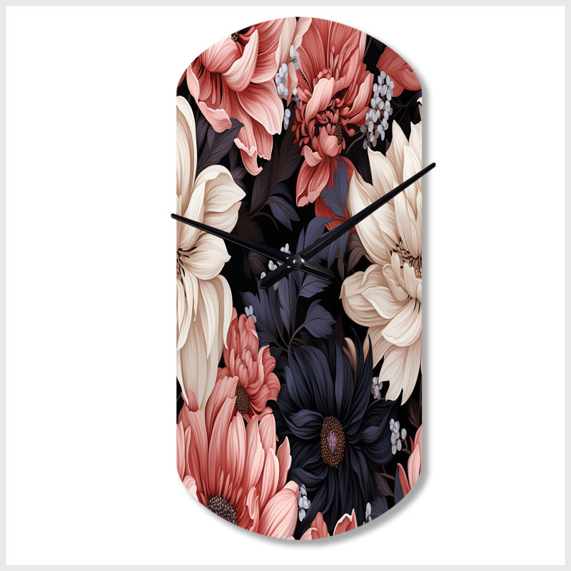 Light Pink And Pink Flowers  Pattern - Floral Asymmetrical Metal Wall Clock, Pink Cylinder Clock Print, Small