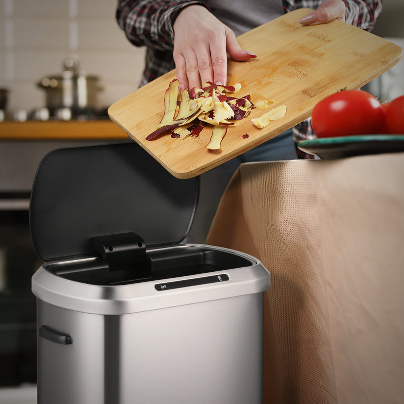 13 Gallon Trash Can with Lid, Automatic Motion Sensor Touchless Mute Kitchen Garbage Can Waste Bin, Silver