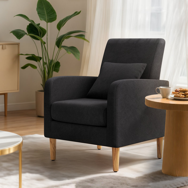 Upholstered Accent Chair Armchair with Pillow Cushion, Reading Side Chair Single Sofa with Wood Legs, Black