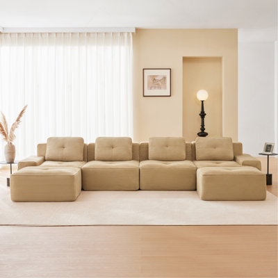 Canapé modulaire moderne de 153 po, tissu en velours côtelé de 153 po, siège profond, conception capitonnée, sans assemblage, base antidérapante, brun clair