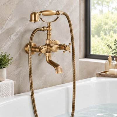 Antique Brass Wall Mount Clawfoot Tub Faucet with Handheld Shower, Vintage Tub Shower Faucet Set, High-Flow Tub Filler, 360° Swivel Spout, Dual Cross Handles, 6-Inch Center