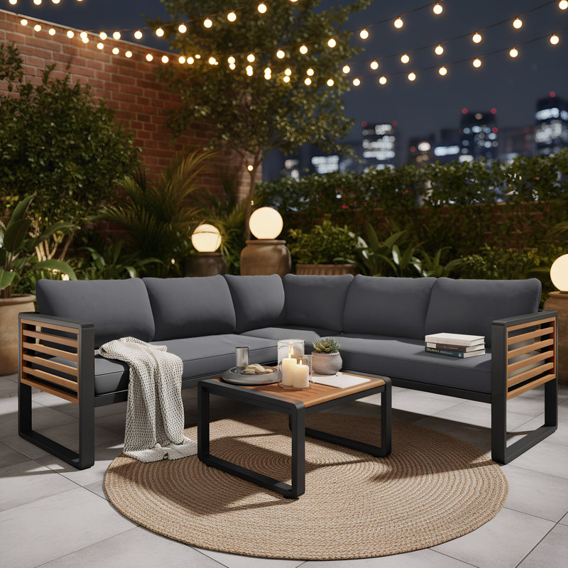 5-Person 76" L-shaped Outdoor Patio Corner Loveseat Sofa with Coffee Table and Soft Cushions, Gray