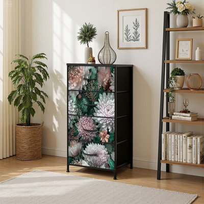 4 Drawer Vertical Storage Dresser Elegant Botanical Flowers with Wood Top Fabric Pull Drawers