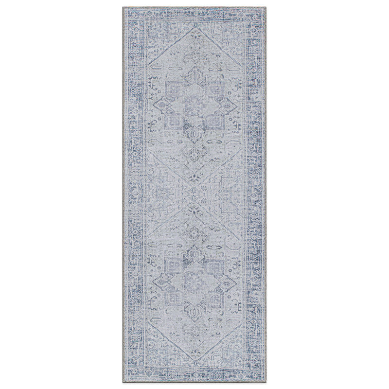 Tapis bleu / ivoire Somona, Tapis de couloir 2 pi 6 po x 12 pi