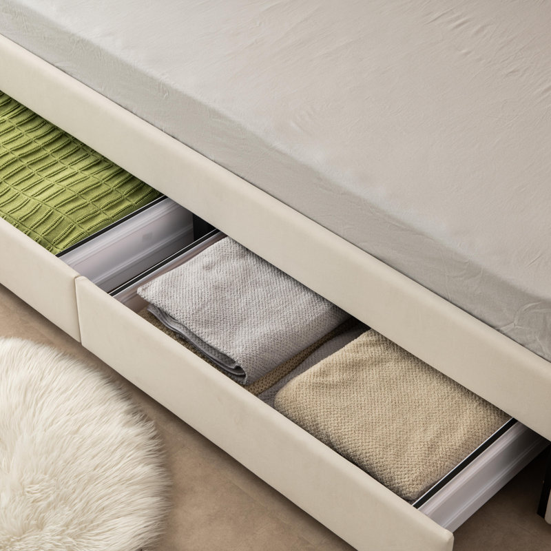 Lit de jour simple avec tablette et tête de lit tapissier 2 tiroirs Guisselle , Crème