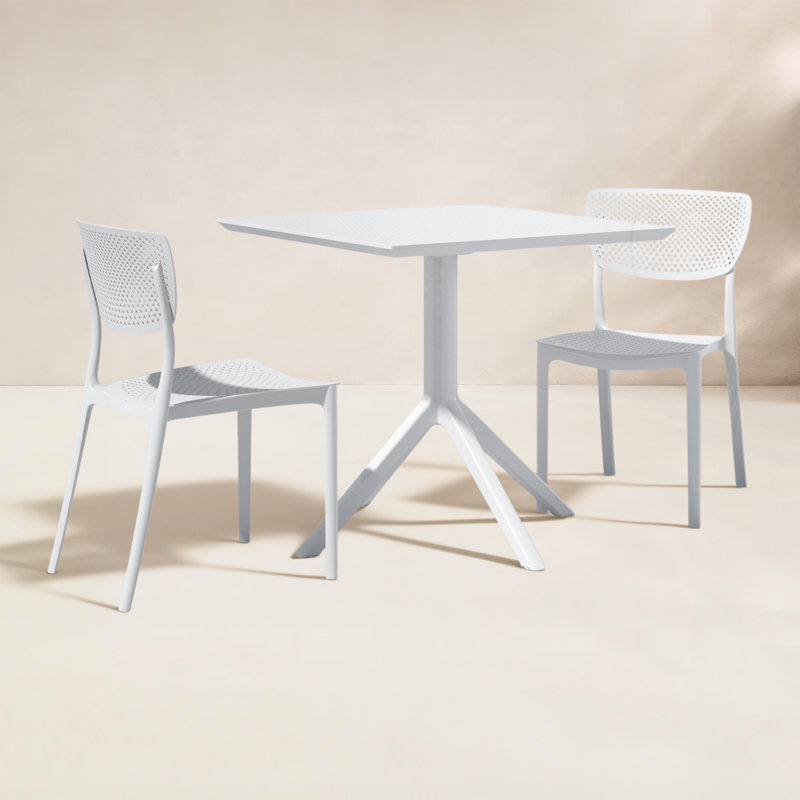 Farrah Square Stackable Plastic 3-Piece Patio Dining Set, 29.5" H x 31.5" W x 31.5" D, White