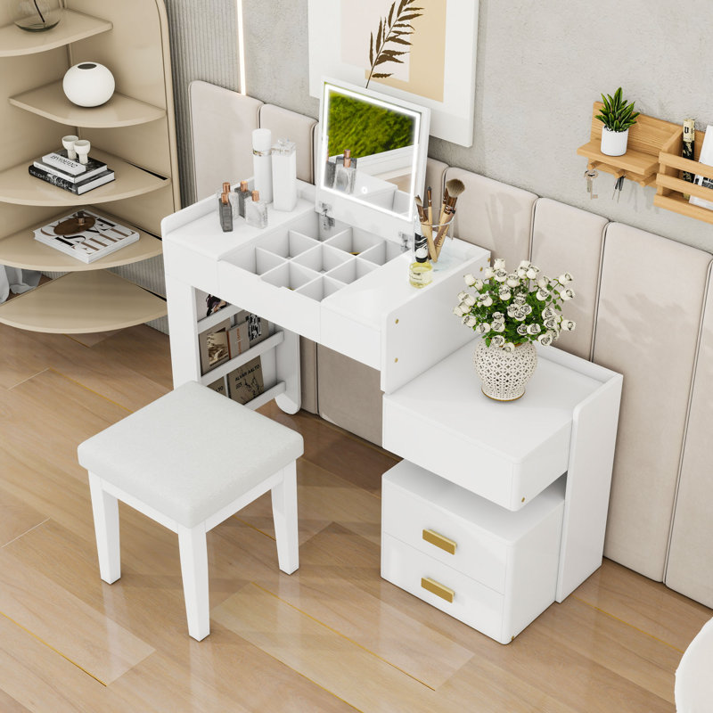 Meuble-lavabo de maquillage avec miroir rabattable, lumière DEL, armoire latérale rétractable et tabouret rembourré, Blanc