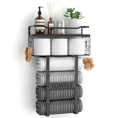 Porte-serviettes mural pour salle de bain - ensemble de support de rangement pour salle de bain au-dessus de la toilette, organisateur de tablette de serviette roulée, support vertical en bois pour petite décoration de salle de bain, noir