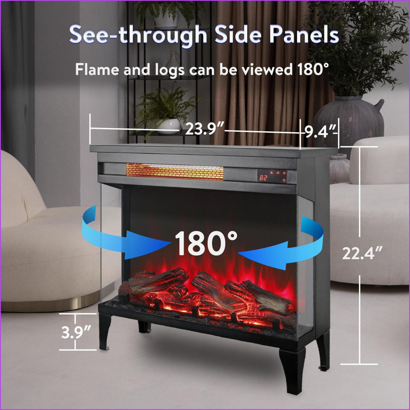 Indoor Electric Fireplace, 24-Inch Modern Three-Sided Glass | Freestanding | Tempered Glass+Sheet Metal, Black