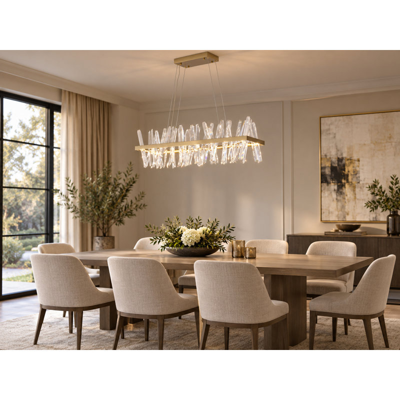 Lustre rectangulaire à 4 lumières DEL avec détails en cristal, H 12 po x l 54 po x P 5,9 po, Doré