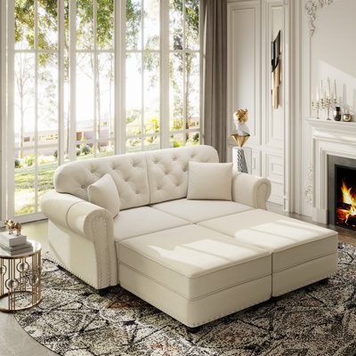 Canapé Chesterfield de 63 po en velours avec garniture cloutée et accoudoirs roulés, canapé de style Mid-Century moderne capitonné avec boutons, beige