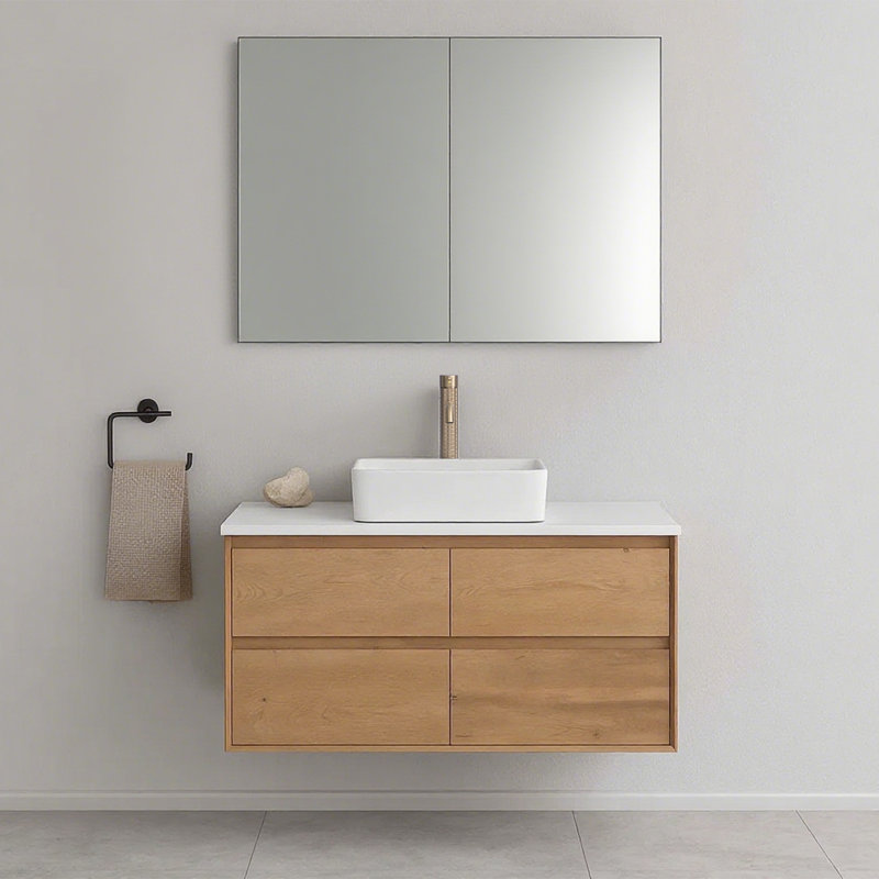 Meuble-lavabo simple 36 po avec comptoir en pierre de quartz et lavabo vasque, meubles-lavabos à fixation murale, 48"