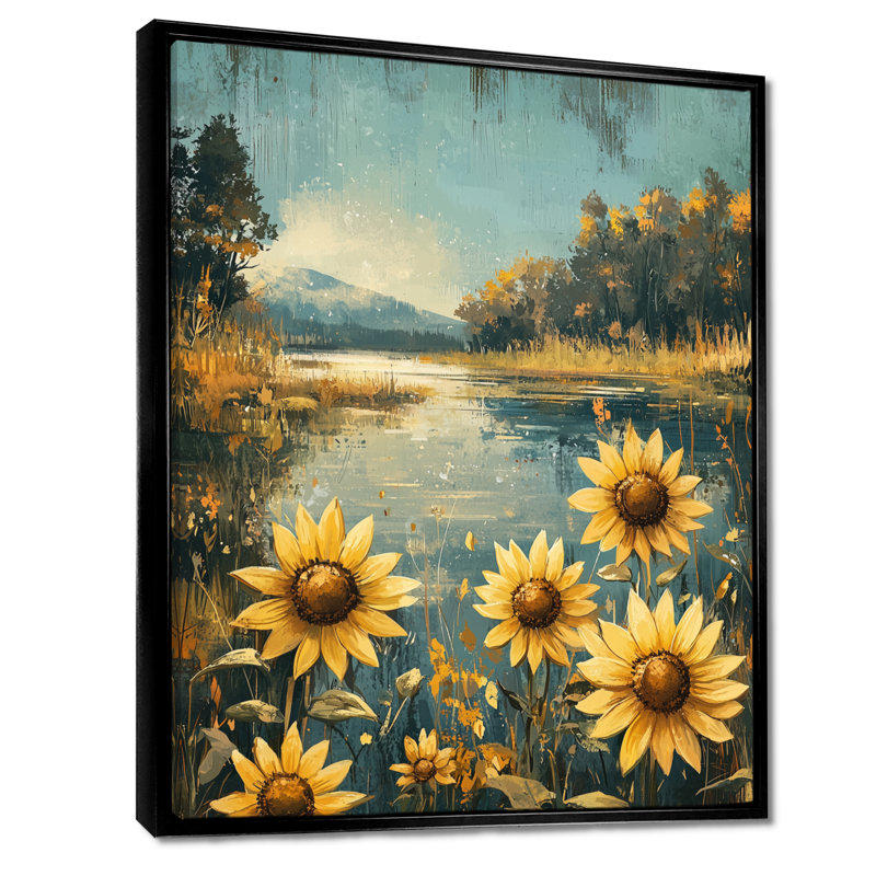 Dumitra Autumn Sunflowers By The River II - Sunflowers Wall Decor, 20" H x 12" W, Floater Framed Print, Black