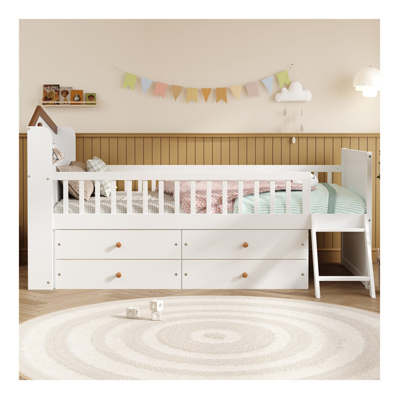 Cadre de lit simple avec rangement à 4 tiroirs, cadre de lit en bois pour enfants, lit plateforme simple avec tête de lit et échelle de garde-corps, aucun sommier requis, assemblage facile, blanc