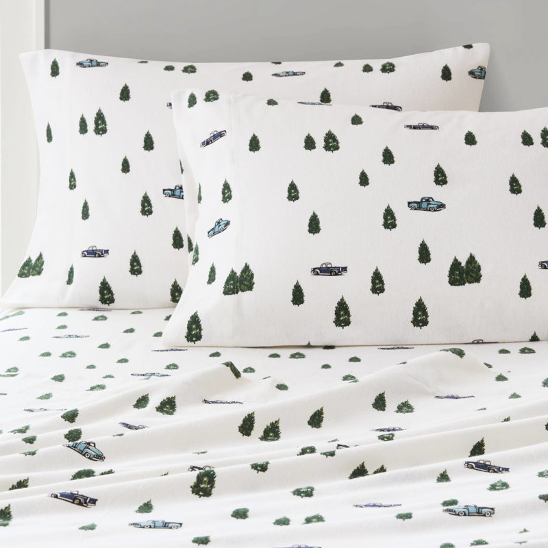 Ensemble de draps 4 pièces pour très grand lit, arbres et camions multicolores, flanelle 100% coton, l 108 po x L 102 po, l 72 po x L 84 po + P 14 po, velours doux, 2 taies d'oreiller, pour matelas de 12 po, lavable à la machine