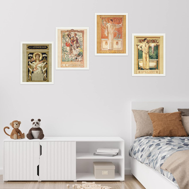 «Leyendecker», art déco multicolore encadré, publicité classique sur toile, impression sur bois, 4 pièces, Blanc