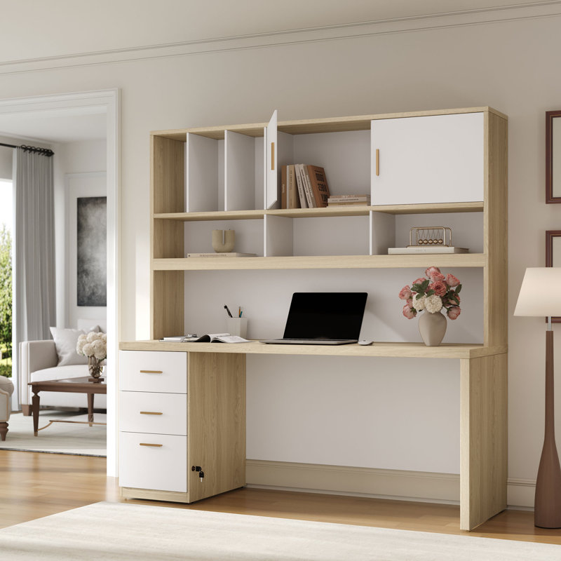 Adonia 71"W Computer Desk With Hutch, Outlet And 3 Drawers, Filing Cabinet & Cable Management For Modern Workspaces,Home Office