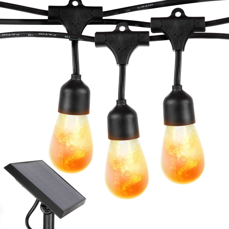Ambience Pro 27 ft. Solar Outdoor Patio LED String Lights with 12 Flame-Effect S14 Bulbs, Hanging Style, Weatherproof