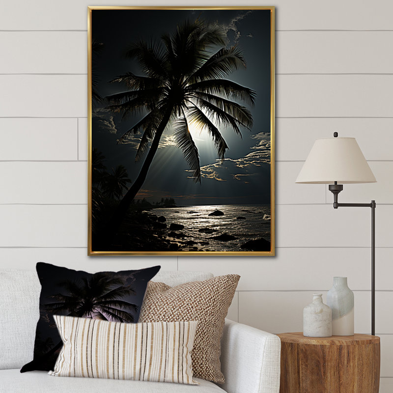 Palmier au clair de lune ébène sur toile, H 20 po x l 12 po x P 1 po, Cadre flottant doré
