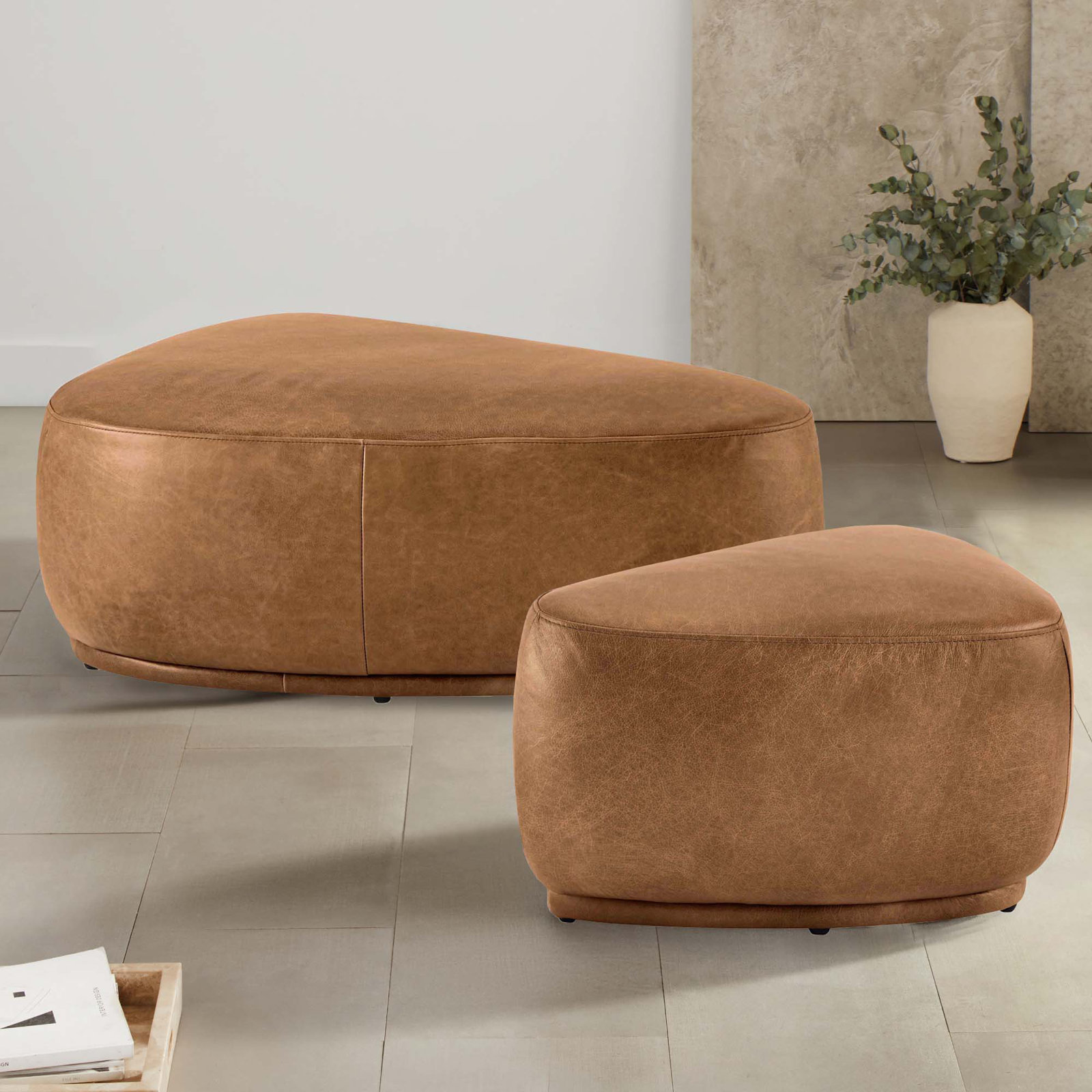 Adna 26.5" Genuine Leather Triangular Upholstered Ottoman, Marseille Brown Genuine Leather
