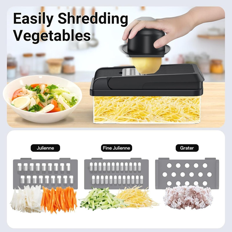 Hachoir à légumes 12 en 1 multifonctionnel avec 7 pales oignon Dicer Mandoline Slicer Egg séparateur Finger Guard outil de cuisine gris
