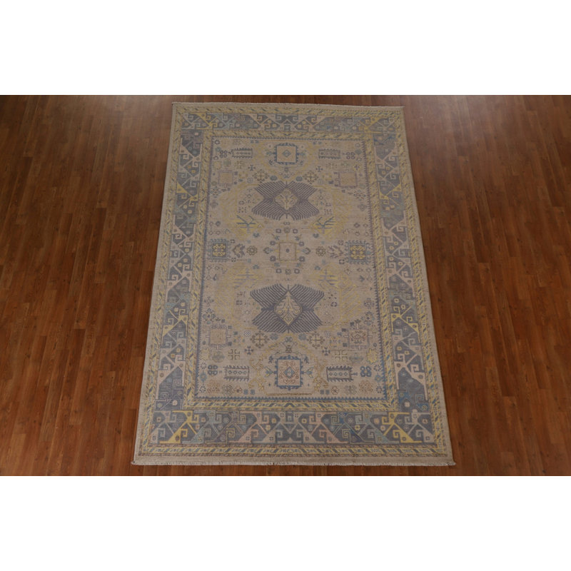 Tapis oriental géométrique Kazak fabriqué à la main 7 x 10