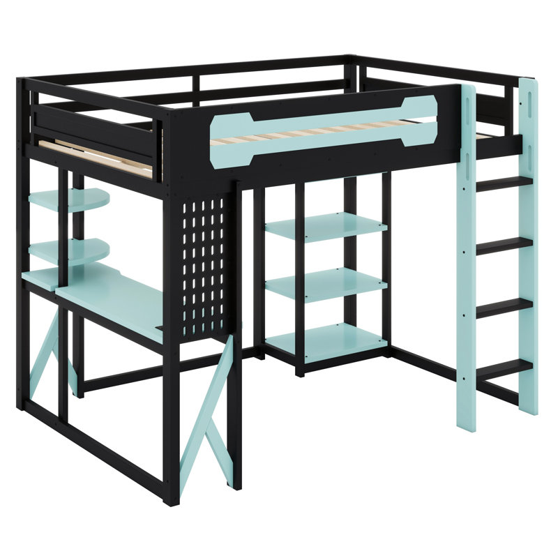 Space-Saving Loft Bed with Workstation, Open Shelves, Built-in Outlets & Ambient Light, Black/Blue