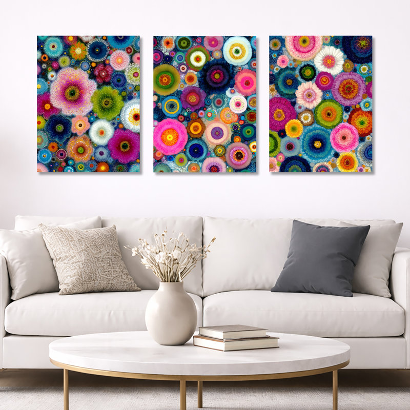 «Vibrant Flower Wall Horizon I», ensemble d'art mural encadré abstrait rose sur 3, H 32 po x l 72 po, Toile tendue