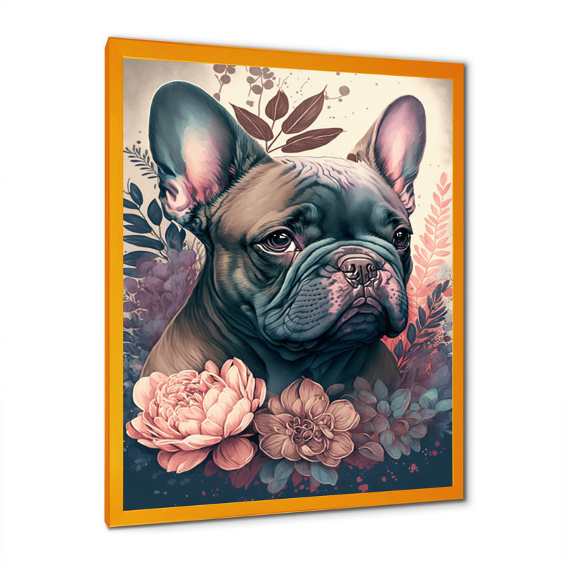 «Cute Frenchie Floral II», impression sur toile, Cadre photo doré, H 32 po x l 16 po x P 1 po