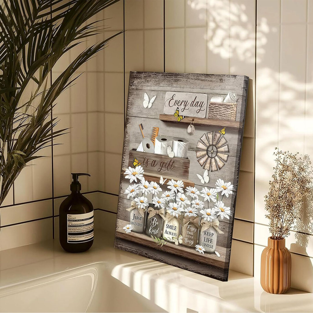 Farmhouse Bathroom Canvas Wall Art,Rustic Bathroom Poster Prints.Vintage Country Daisy Butterfly Painting,Retro Inspirational Quotes Picture Home Wall