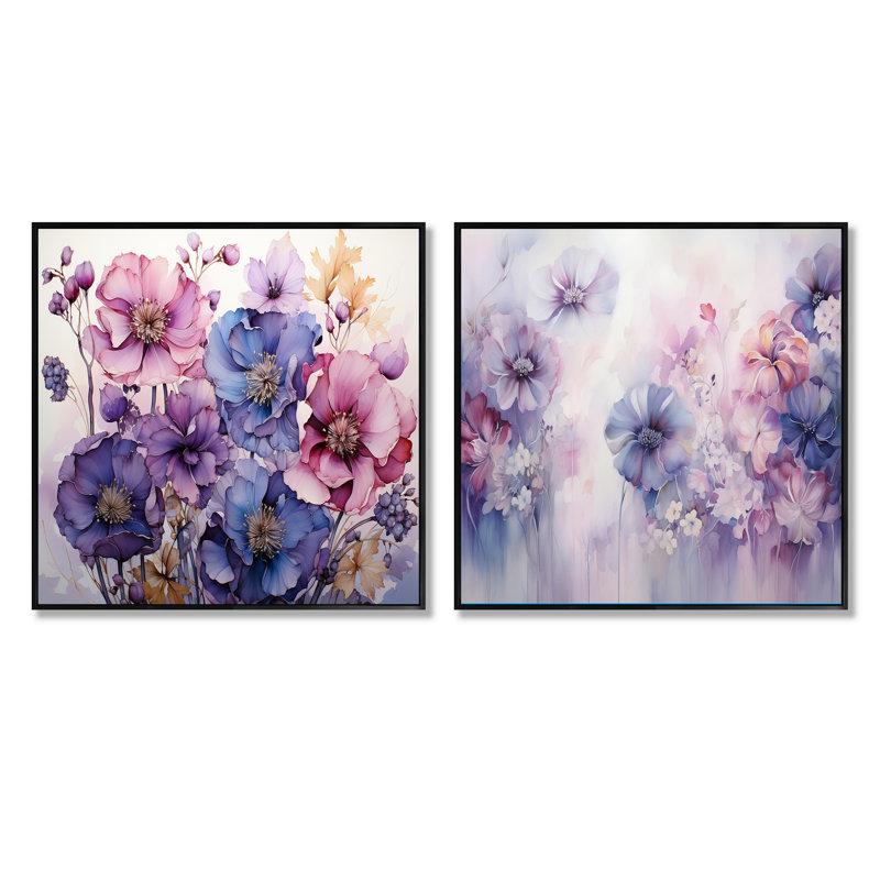 Mauve fleurs mystiques - ensemble de 2 collages carrés botaniques abstraits, Cadre flottant noir, H 16 po x l 33 po