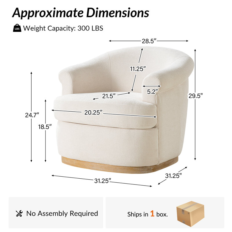 Loki 31.25"W Farmhouse Upholstered Fully Assembled Swivel Barrel Chair, Ivory