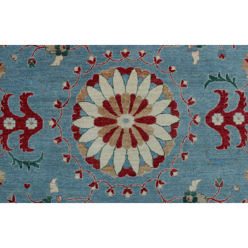 Tapis bleu en laine noué à la main de conception unique 9 pi 9 po x 13 pi 7 po Abrego