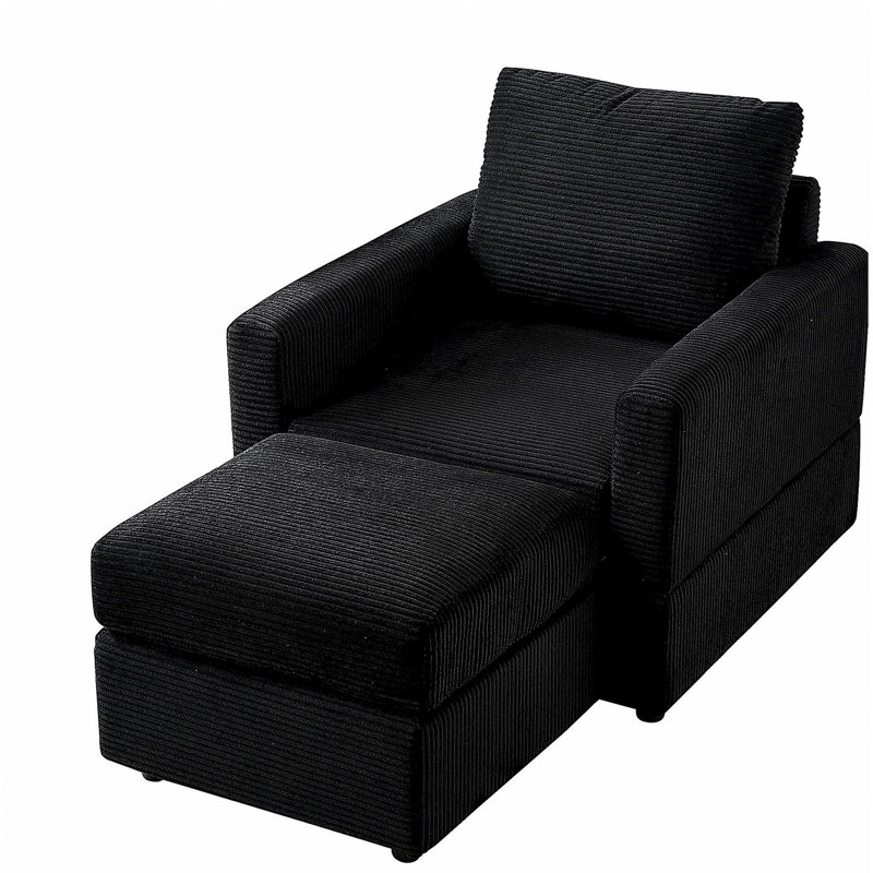 Chaise longue classique en velours côtelé, canapé confortable, fauteuil d'appoint rembourré avec repose-pieds pour le salon - noir