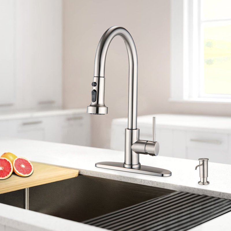 Robinet de cuisine en acier inoxydable avec distributeur de savon, nickel brossé - résistance aux égratignures, conception antirouille et rétractable