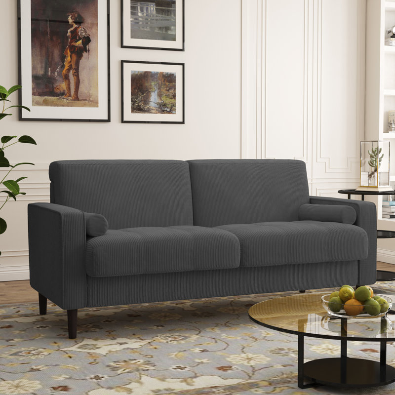 Causeuse à accoudoirs carrés 62,7 po Carmelinda, Velours côtelé gris