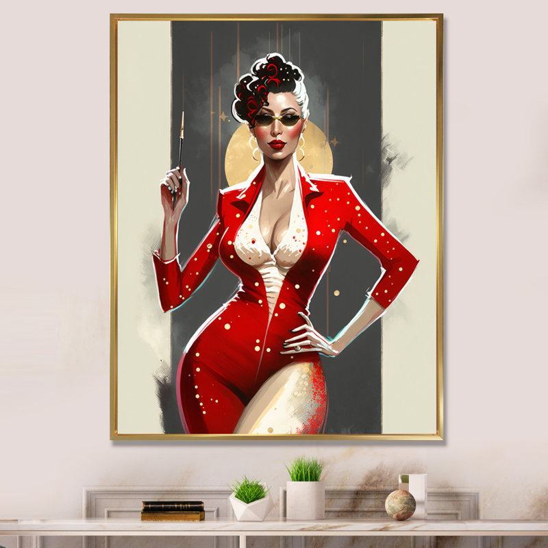 Femme sensuelle en rouge - imprimé, H 32 po x l 16 po x P 1 po, Cadre flottant doré