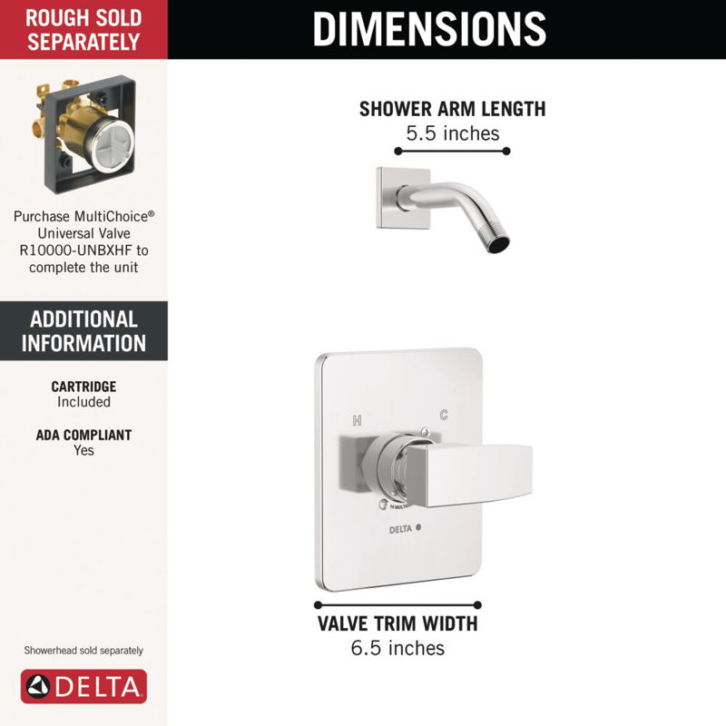 Ensemble de robinet de douche Modern 14 Series, ensemble de poignées chromées pour système de robinet de douche, ensemble de garniture de valve, chrome (pomme de douche et valve non incluses)