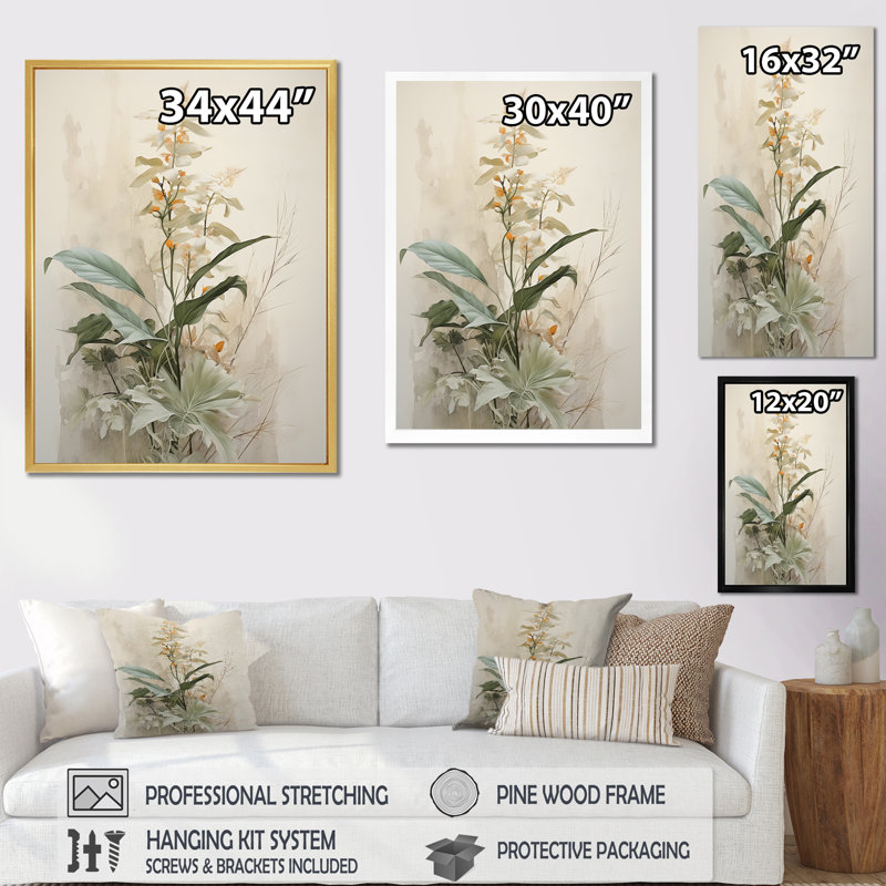 «Beige minimalisme botanique sérénité II», reproduction sur toile, Toile tendue, H 32 po x l 16 po x P 1 po