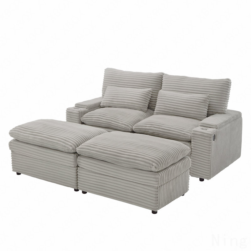 Canapé-lit modulaire à combinaison libre 70,9 "avec causeuse avec espace de rangement, deux repose-pieds mobiles, quatre ports USB et deux porte-gobelets pour le salon, gris