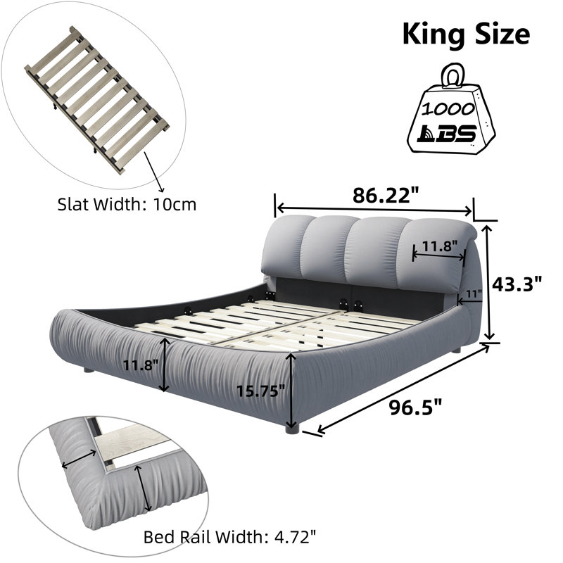 King Size Luxury Upholstered Platform Bed with Oversized Padded Backrest and Solid Wood Frame,suitable for Multiple heights of mattresses,Grey