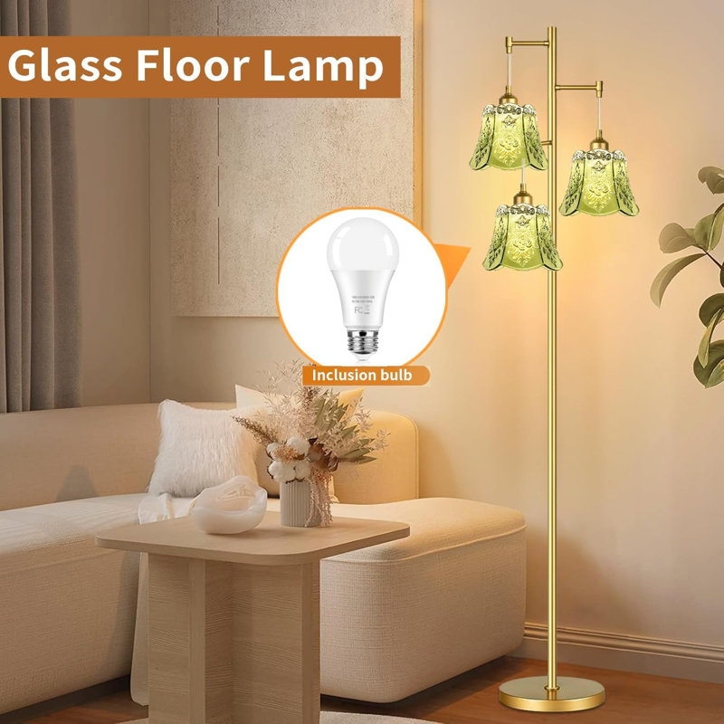 69-inch Green Bohemian-style Three-head Floor Lamp With Glass Floral Shade And Iron Base Frame, Suitable For Living Rooms, Studies, And Bedrooms.